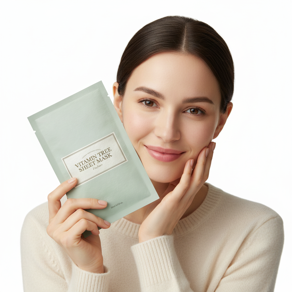Western woman holding I'm From Vitamin Tree Sheet Mask sage green pouch close to her face, skincare editorial

